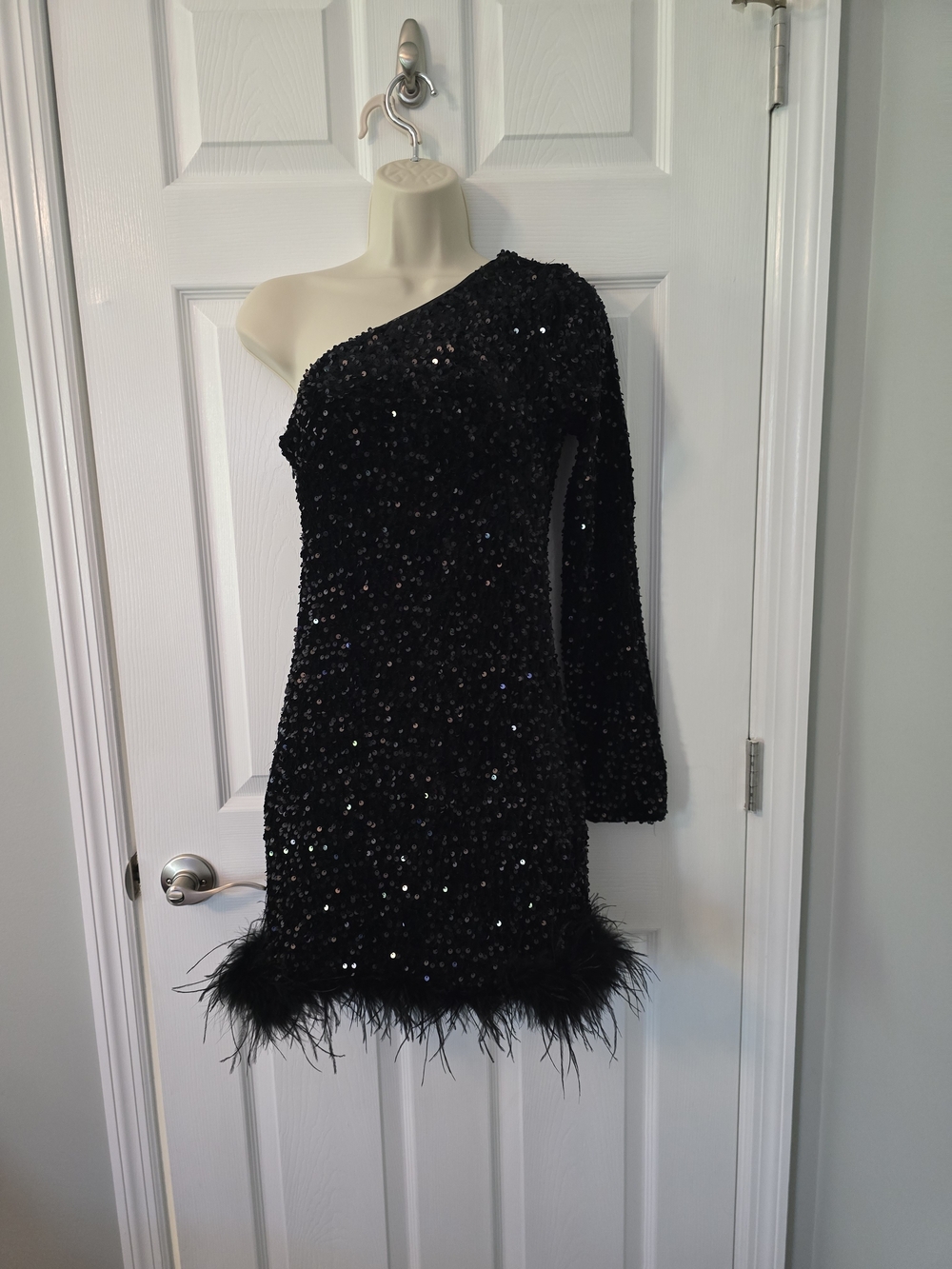 Fashion Nova Black One-Shoulder Sequin Mini Dress with Feather Trim